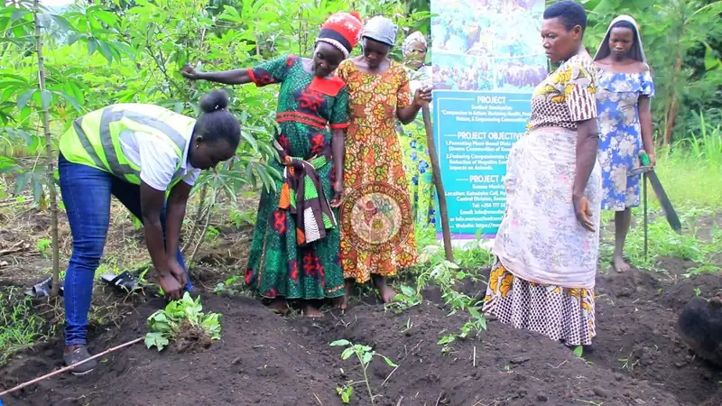 A Maru Foundation volunteer in a high-visibility vest plants a seedling beside women from the community in Kasese